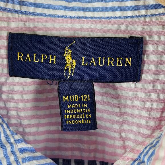 POLO RALPH LAUREN BOYS SEERSUCKER DRESS SHIRT SIZE M (10–12) PINK & BLUE STRIPES - Picture 3 of 9